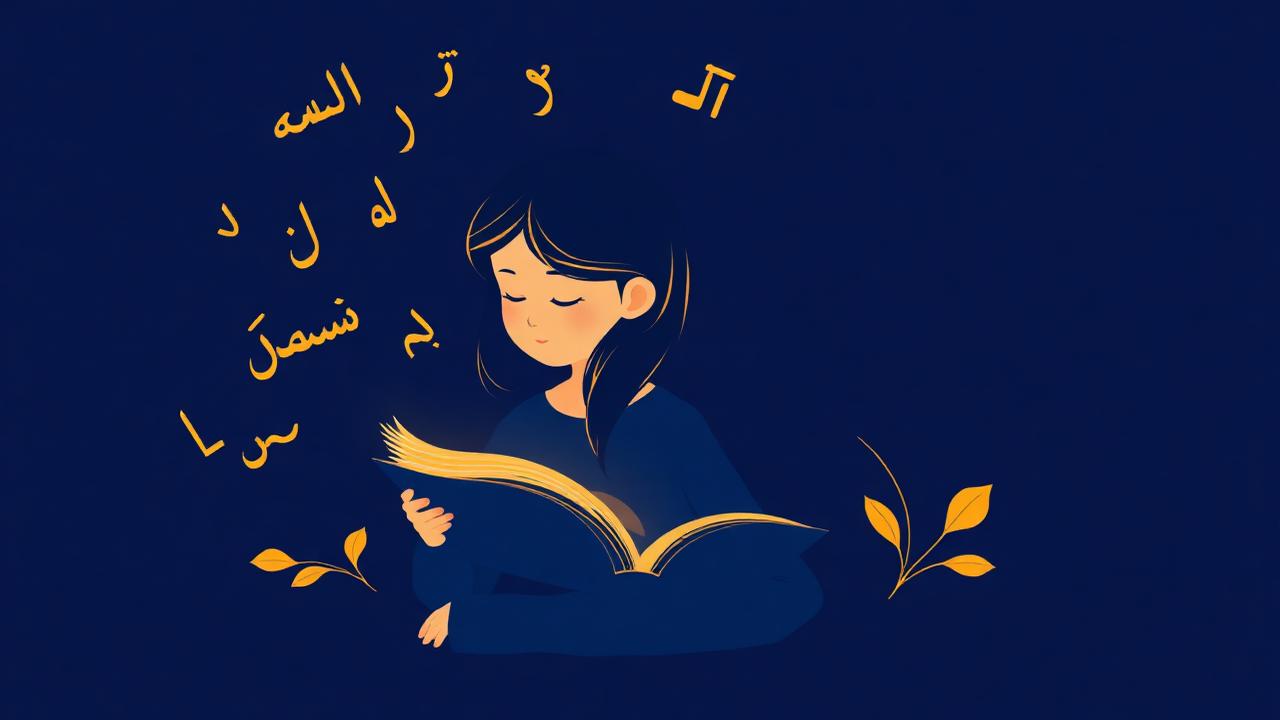 متعلمة تقرأ كتاباً وتحيط بها حروف عربية ذهبية